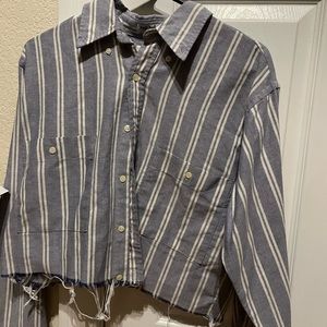 Vintage Cropped Blue and White Button Up